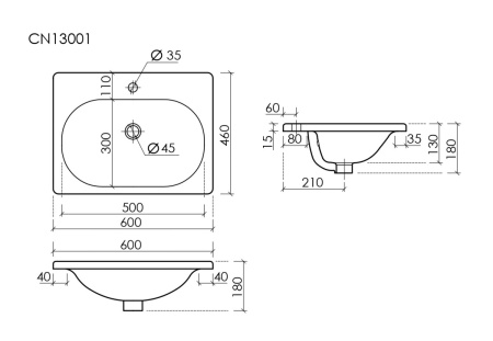 Раковина из сантехнического фарфора Ceramica Nova SABO CN13001 60х50 накладная цвет белый 1 отверстие под смеситель